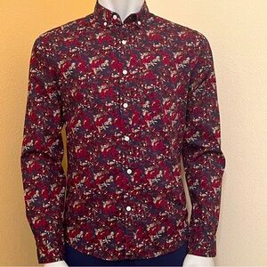 Express Mens Red Floral Graphic Slim Soft Wash Long Sleeve Button Pocket Shirt